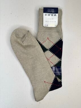 VTG Rolls Royce Luxury Supima Cotton Beige & Black Argyle Dress Socks 8-12 USA